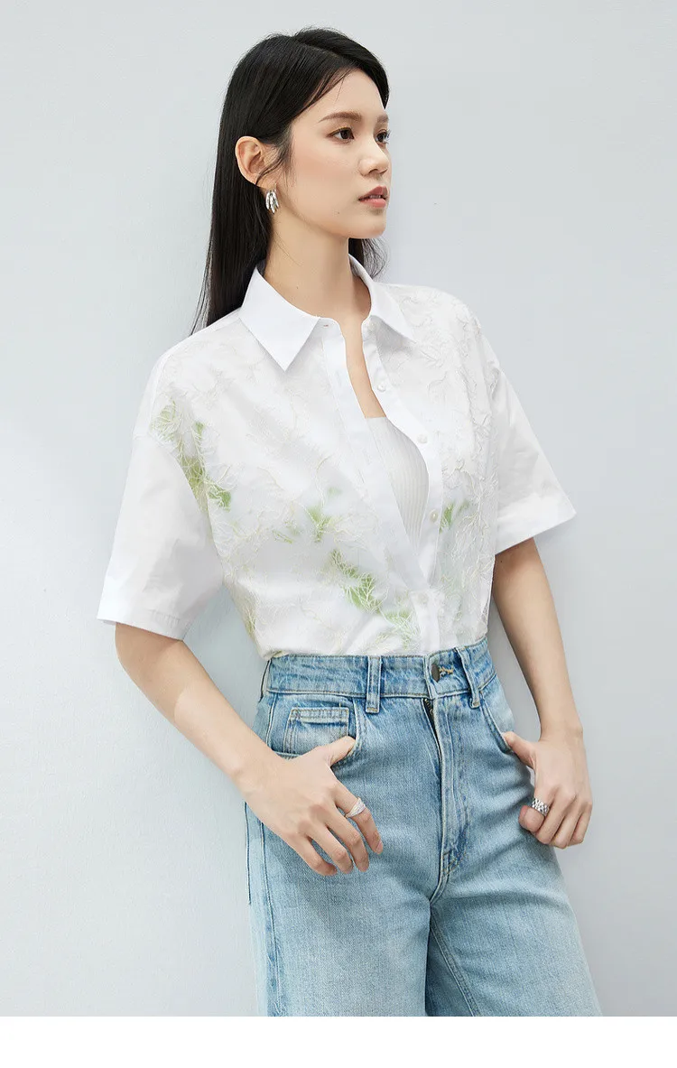 

SENTUBILA Chinese Style Cotton Casual Embroidery Shirt 2024 Summer Loose Button Up Short Sleeve Blouse Womens Tops 142C54385