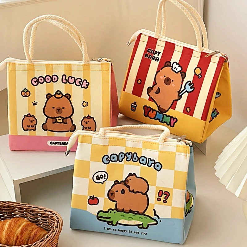 Kawaii การ์ตูน Capybara กล่องอาหารกลางวันกระเป๋าฉนวน Tote กระเป๋า Bento ถุงอาหารกลางวันสําหรับหญิงสาวแบบพกพา Thermos กระเป๋าของขวัญ