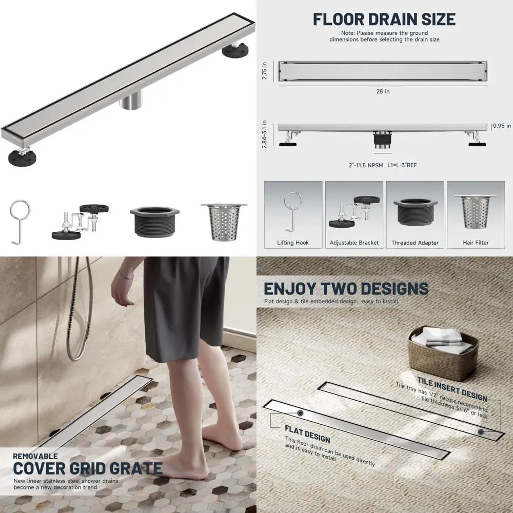 

Rectangular Stainless Steel Shower Drain, 28-Inch Trench Drain with Tile Insert Grate for Bathroom Floor, Linear Design