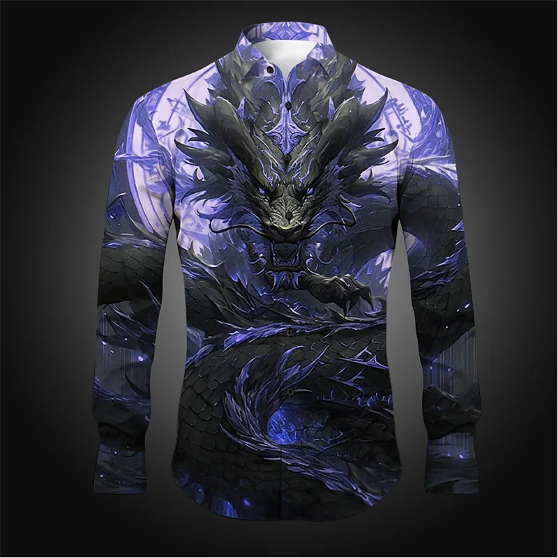 Camisa de manga larga con solapa para hombre, Top informal de diseño elegante y cómodo, abstracto de dragón, uso diario