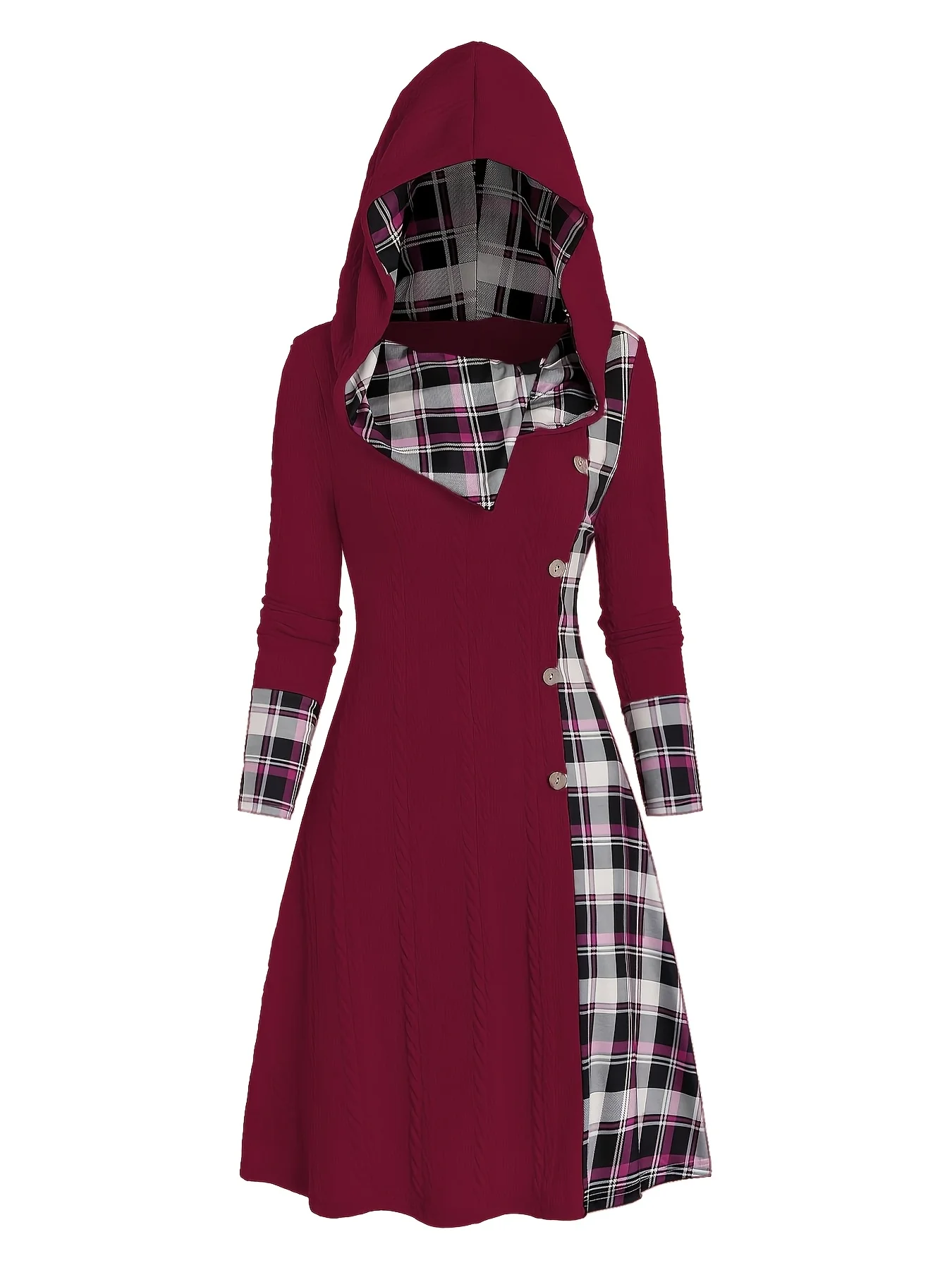 Damen-Kleid mit Karomuster, Kapuze, hoher Taille, A-Linie, lange Ärmel, aus Strick, mit dekorativer Schnallendetail. – Detail 15