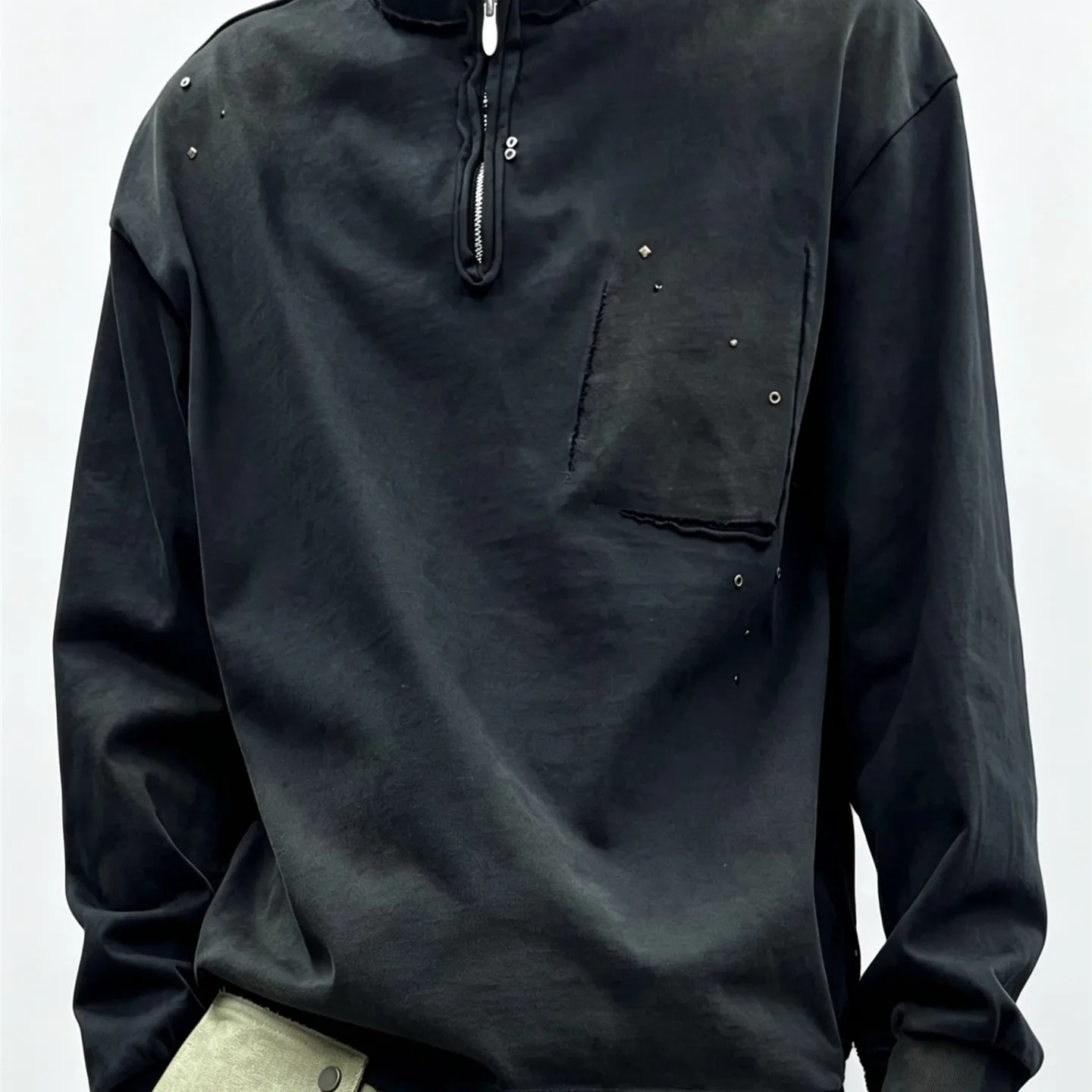 Style Retro Washed Distressed Loose Long Sleeve T-shirt Personalized Bottoming Shirt Stitching Edging  Casual Top