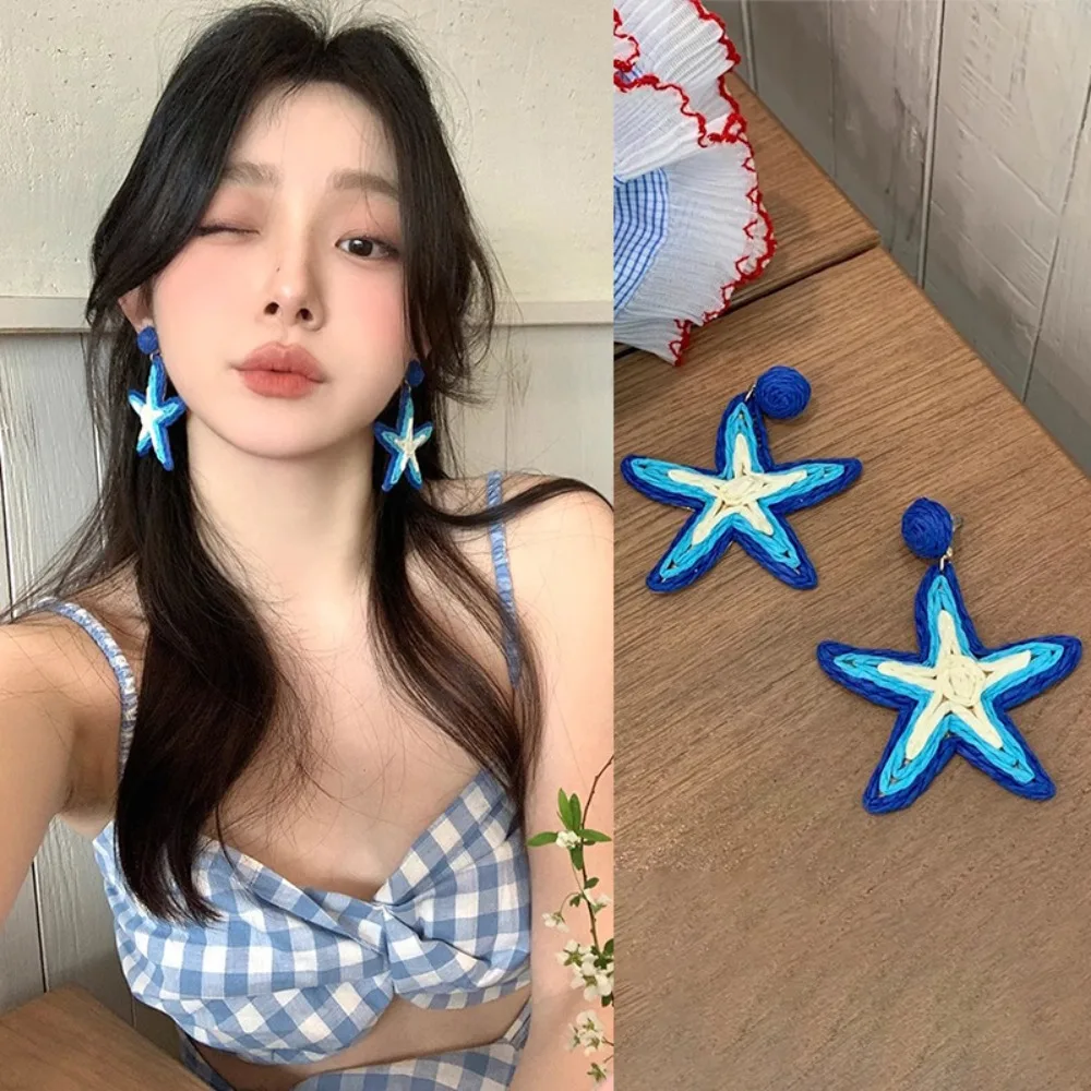 

Ear Accessories Sea Beach Starfish Earrings Studs Vintage Handmade Raffia Grass Ear Studs Chic Jewelry Star Earrings Vacation