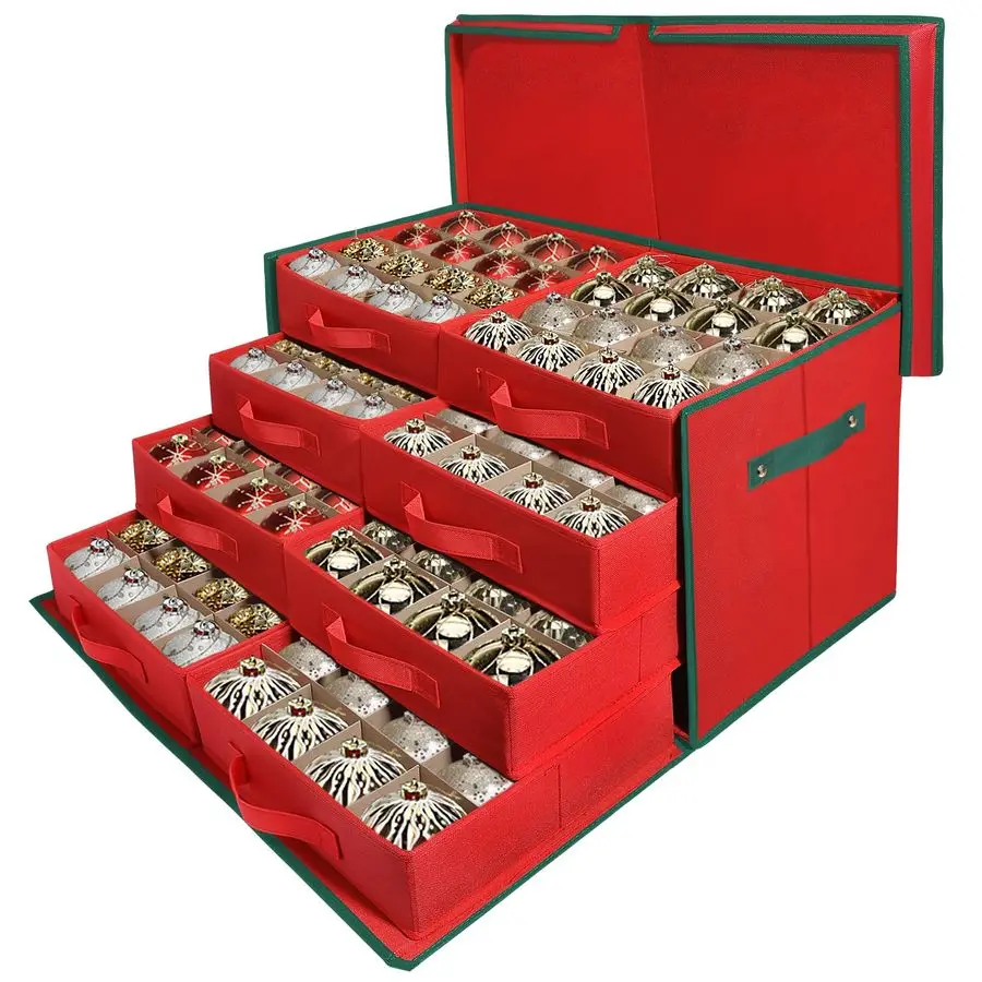 

Премиум-бокс для хранения больших рождественских украшений, с боковым открытием, выдвижными лотками-ящиками, 3 отделения, 8 лотков, вмещает 128 праздничных украшений