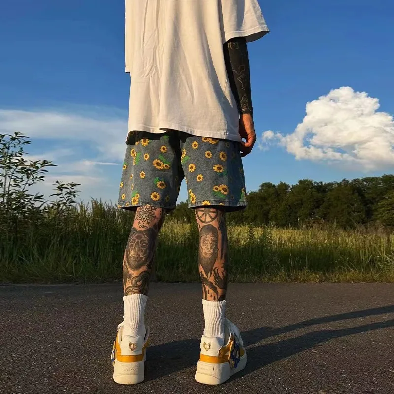 メンズ ヴィンテージ リンクル ブルー デニム ショートパンツ 巾着付き、ルーズフィット 5 インチ ビーチ パンツ 夏のストリートウェア用
