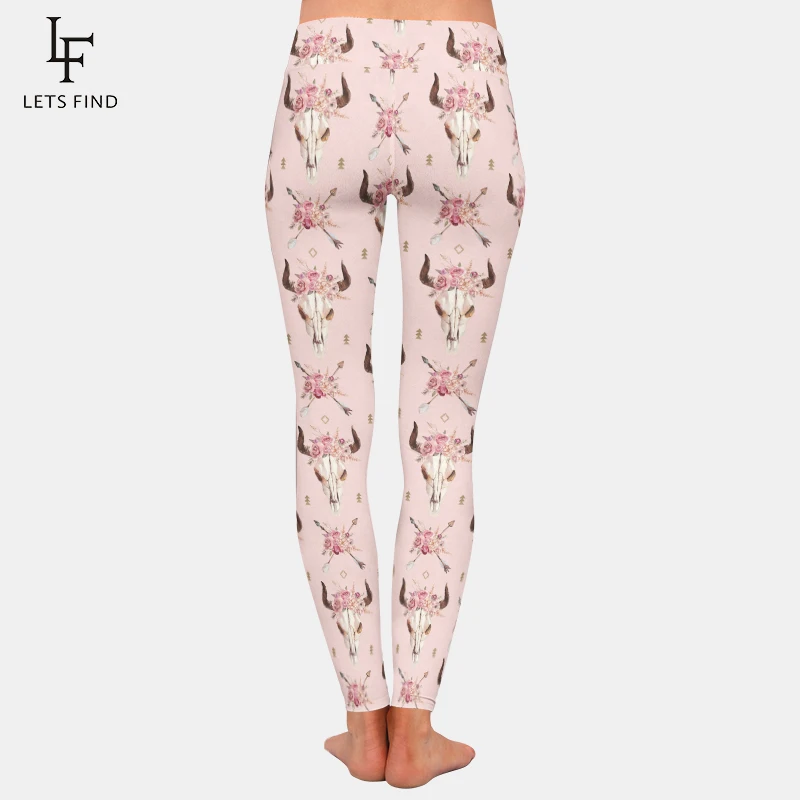 LETSFIND nuovo arrivo 3D Bull Skull and Flowers stampa Leggings da donna Leggings morbidi e sottili da allenamento a vita alta