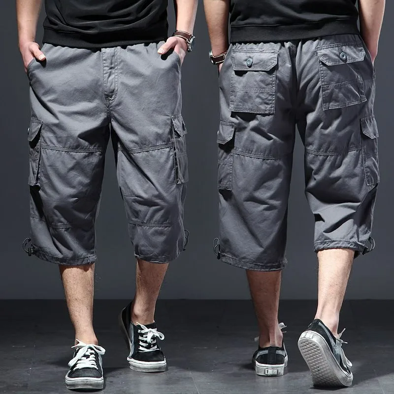 UNITIM Men Cargo Shorts Summer Vintage Loose Straight Elastic Waist Male Calf-length Pant Thin Pocket Outdoor Casual Shorts