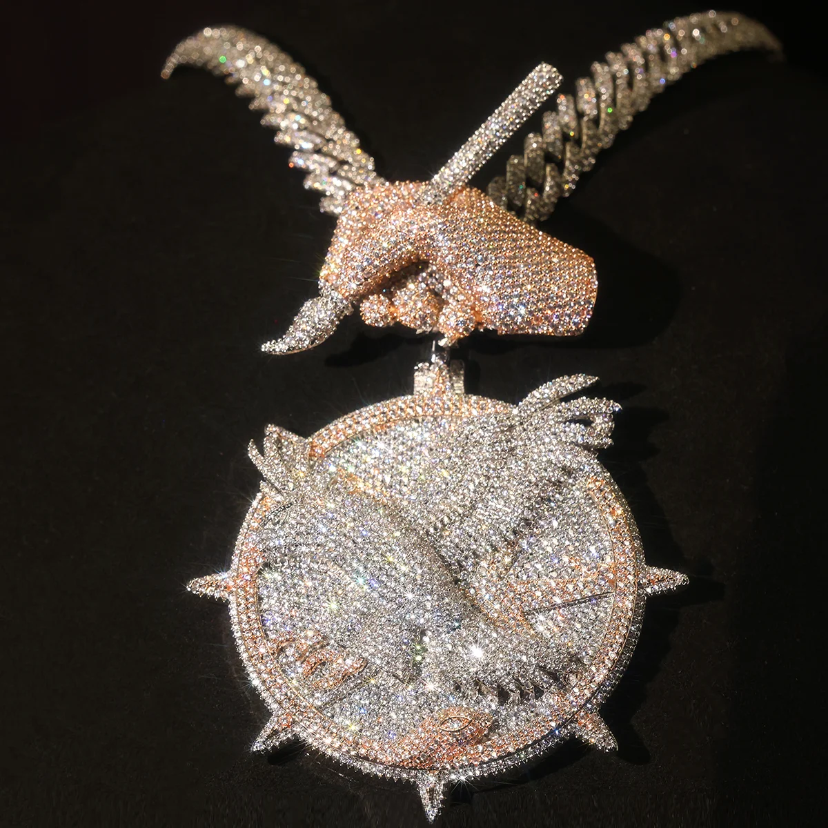 Iced Out Sunburst Animal Pendant Necklace for Men, Cuban Link Chain  , Hip Hop Bling Rapper Jewelry, Claw Charm pendentif