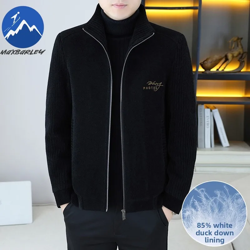 Maxbarley Men Short Down Jacket Stand Collar Outdoor Office Lightweight Puffer Coat High End Embroidery Warm Winter Wool Jackets