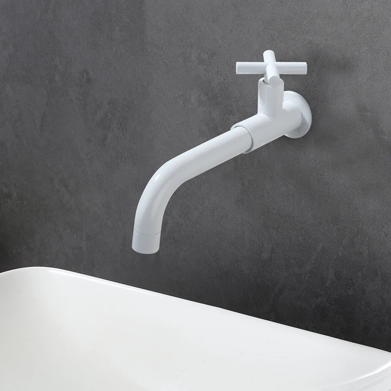 

Wall Mounted Cold Water Bathroom Sink Faucet Long Mop Pool Faucet Single Hole 360° Rotation Bathroom Vanity Sink Faucet White