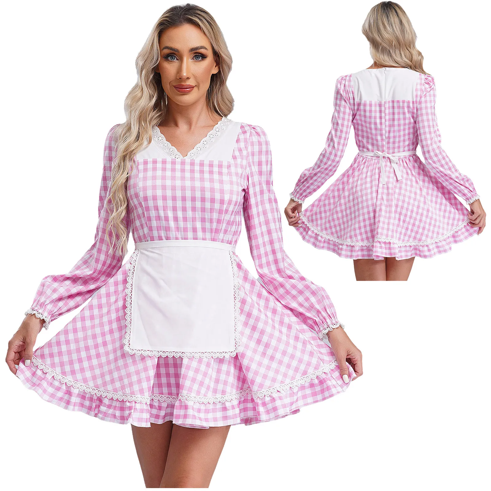 Womens Maid Margot Robbie Cooking Apron Dress Clothing Long Sleeve Lace Trim Gingham Minj Dress with Apron Role Play Costume