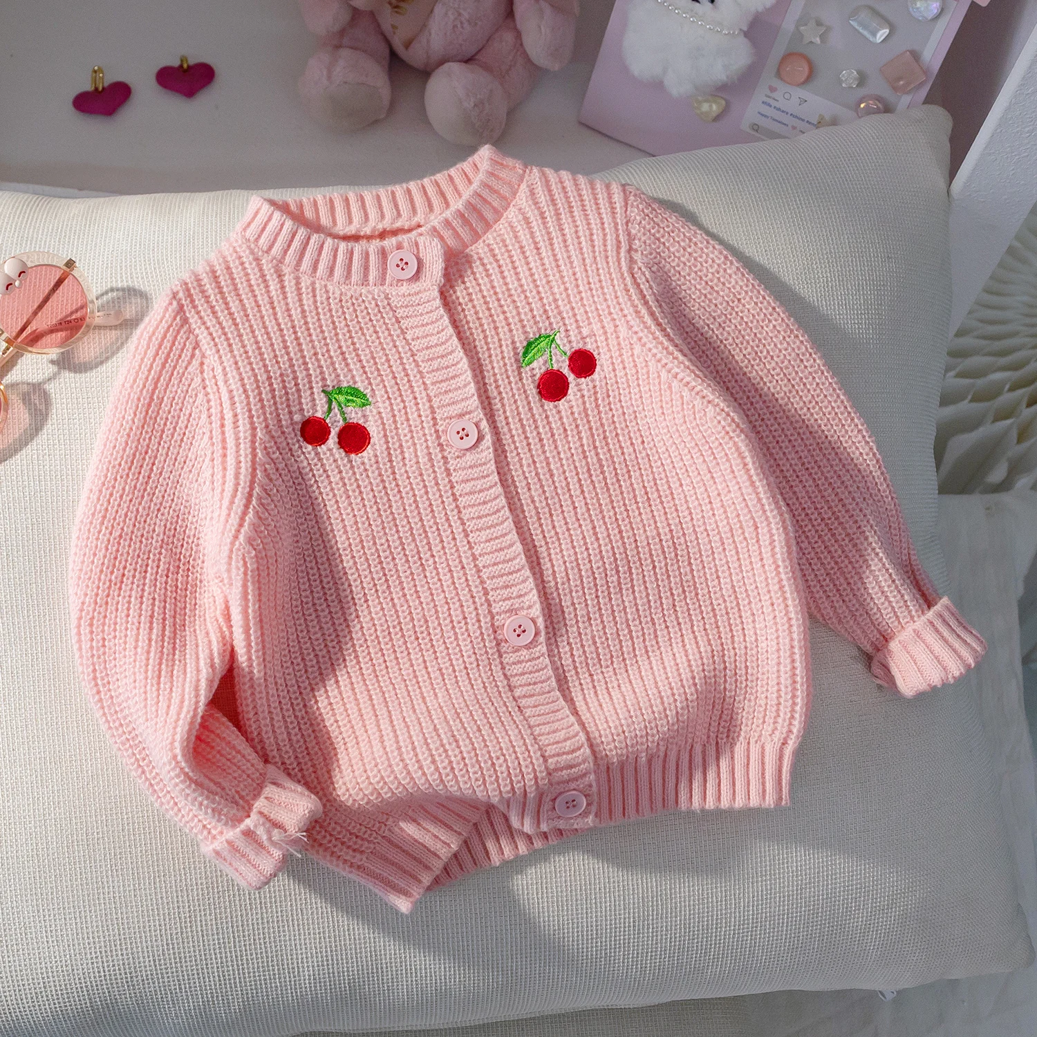 Baby girl cute solid color cherry embroidery round neck long sleeved sweater knitted cardigan daily casual