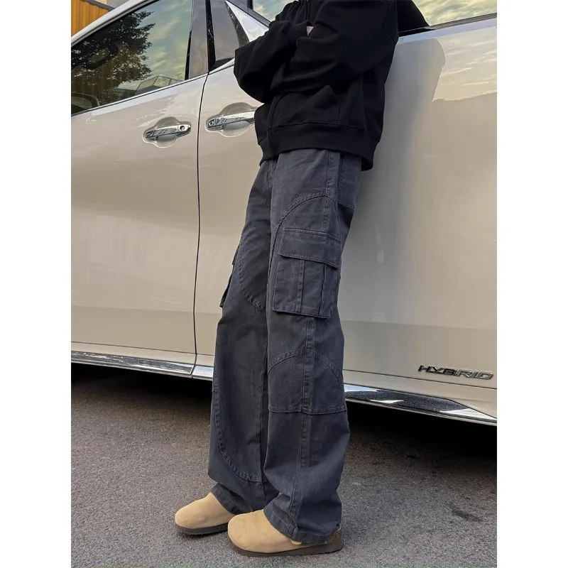 American Multi-pocket Overalls for Men Spring New Straight High Street Casual Sports Wide Leg Pants