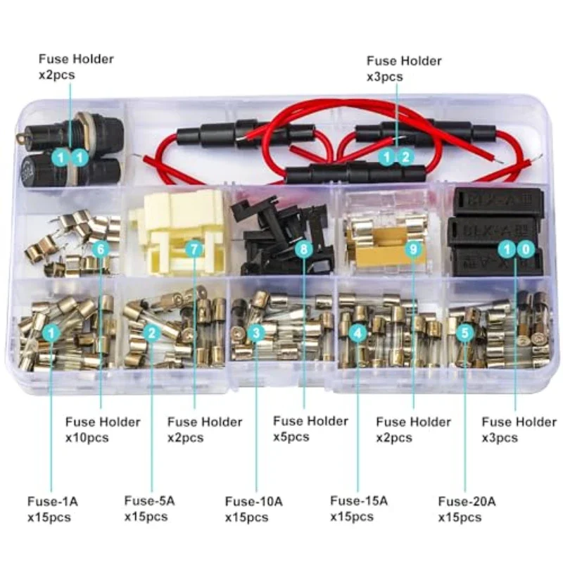 Fuses and Fuse Holders 5X20mm 250V Assortment Kit, 1A/5A/10A/15A/20A F1AL250V F5AL250V F10AL250V F15AL250V F20AL250V