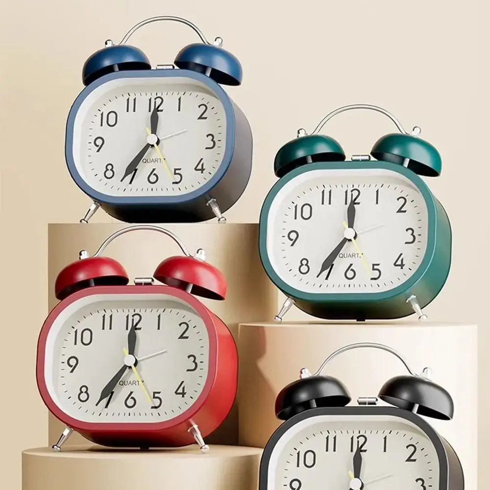 

Metal Design Metal Alarm Clock Loud Ringtone Silent Operation Bedside Wake-up Clock Oval Night Light Mechanical Clock
