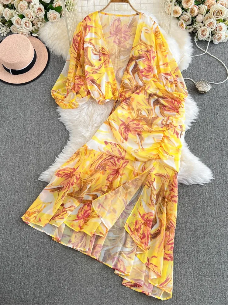 Casual Vintage Print Skirt Suits V-Neck Lantern Sleeve Shirts Tops Irregular Slit Mermaid Skirts Female Clothes 2 Pieces Set New