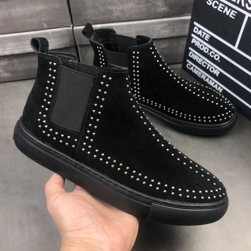 Autumn New Men High Top Slip on Studded Boots Korean Style Casual Shoes Trendy Streetwear Ankle Boots
