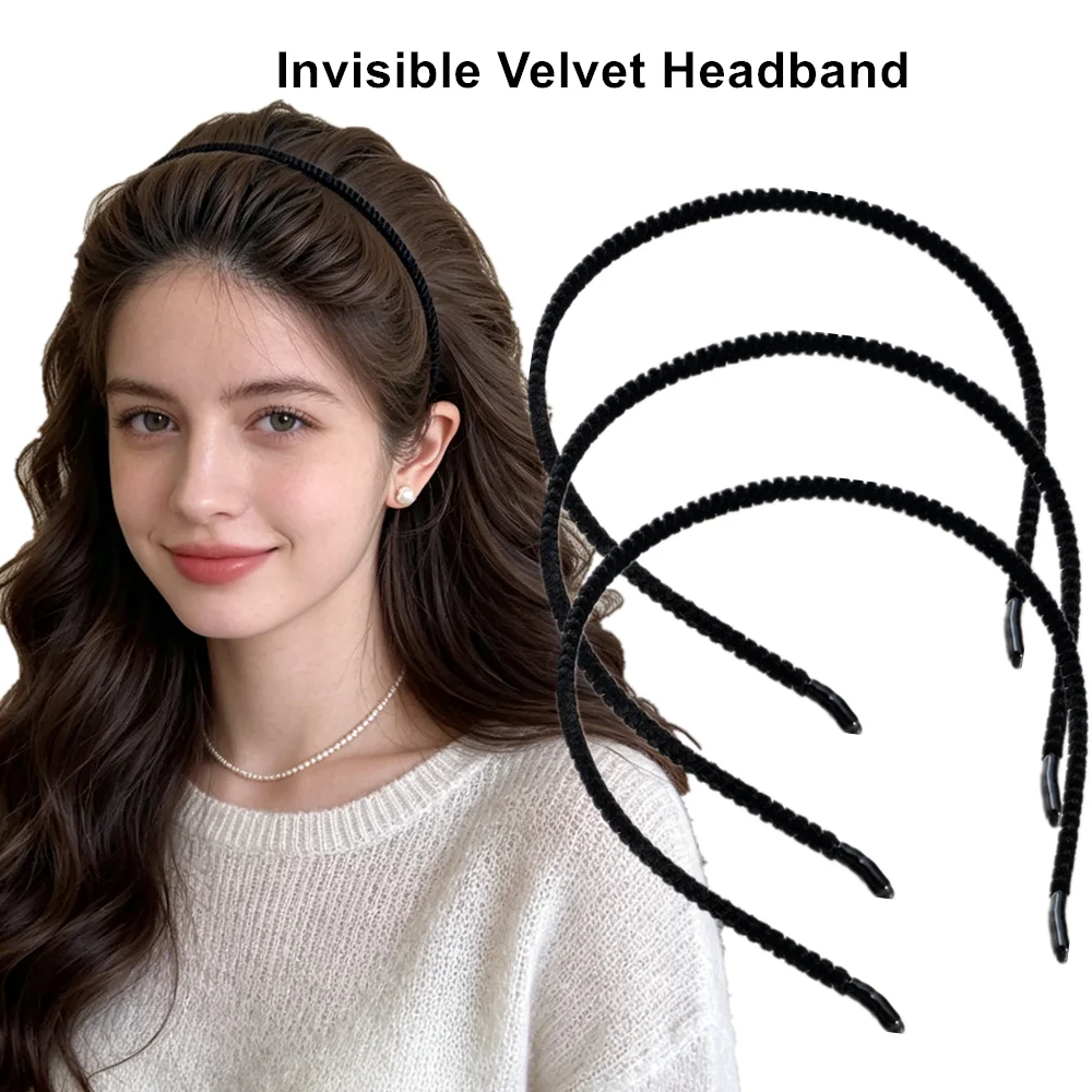Ultra Thin Invisible Velvet Headbands For Women Girls No Pressure Black Fuzzy Hair Hoop Flexible Non-slip DIY Hair Accessories