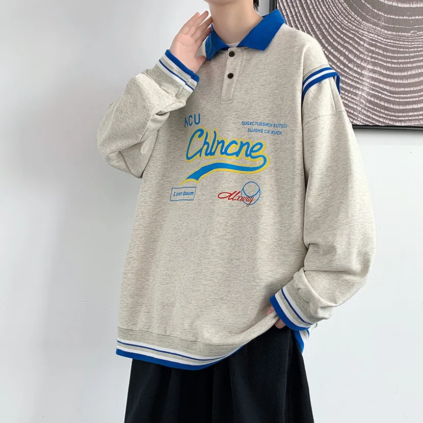 

Мужская толстовка с буквенным принтом в американском стиле, имитация двухслойности, весенне-осенняя повседневная свободная верхняя одежда для подростков, модная одежда