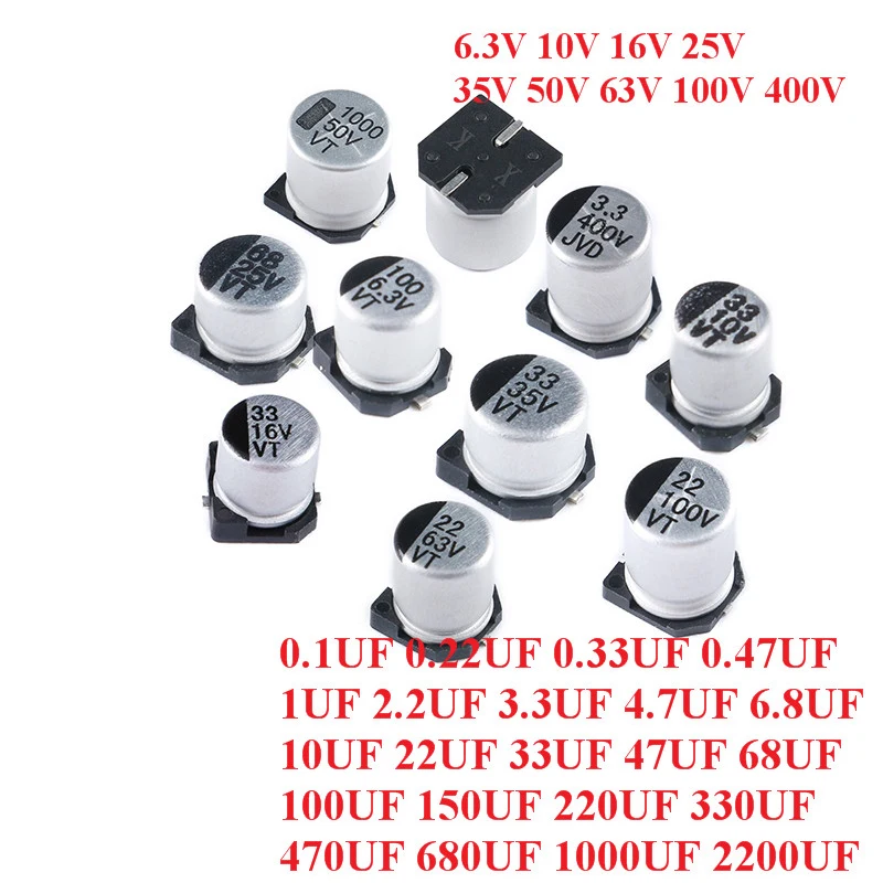 

10pc SMD Aluminum Electrolytic Capacitor 6.3V 10V 16V 25V 35V 50V 63V 1UF 2.2UF 10UF 22UF 33UF 47UF 100UF 220UF 330UF 470UF 1000