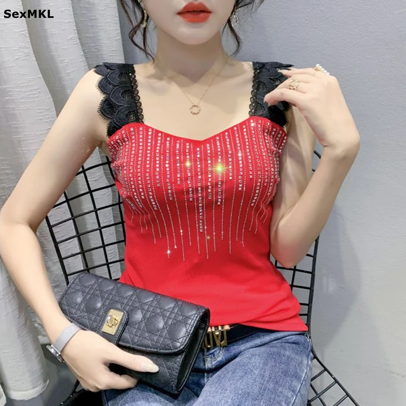 2026 Summer European Clothes Mesh Vest Fashion Patchwork Lace Shiny Diamonds Y2k Clothes Womens Tank Tops Sleeveless Sexy Casual