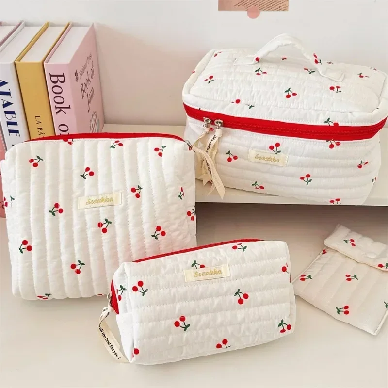 New Fashion Cherry Pattern Cosmetic Bags for Women Travel Small Square Make Up Storge Handbag Cute Quilted Cotton Pencil Cases