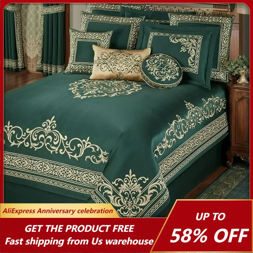 Baroque Comforters Set, Luxury Bedding, Palace-Inspired Golden Scrollwork Embroidery 4/7/11 Piece Comforters Set, Emerald Green