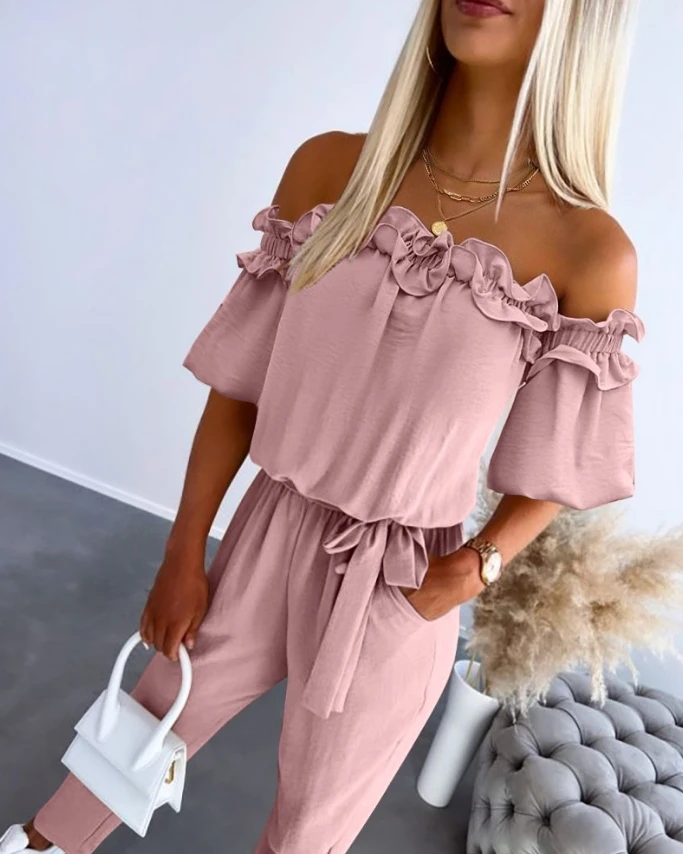 Elegant Women's Two Piece Summer Casual Sexy Elegant Solid One Shoulder Curled Neckline Lace Details Small Feet Jumpsuit