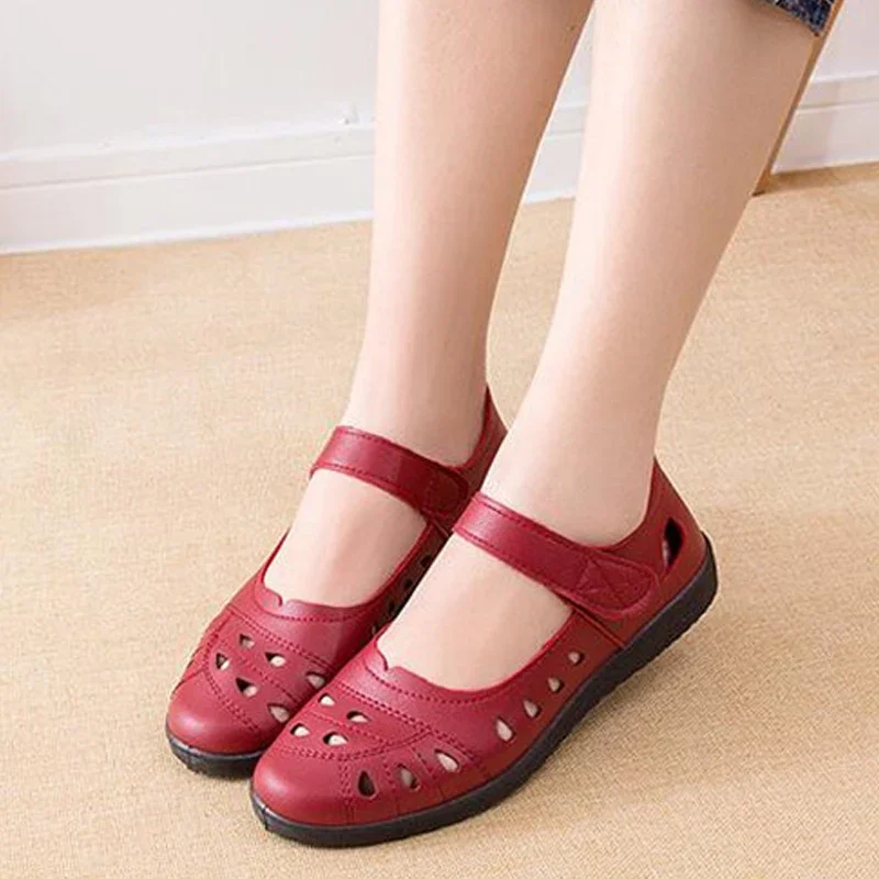 MVVJKESummer Ballet Flat Shoes Woman Hollow Leather Mary Jane Casual Shoes Ladies Genuine Loafers Shoes Woman  Sapato Femini