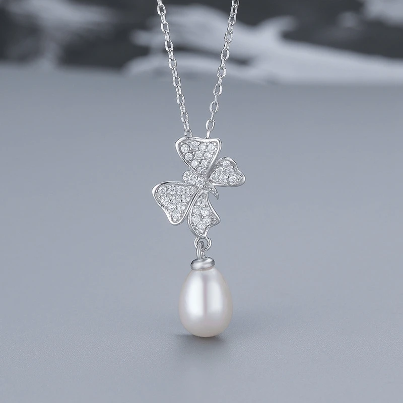 

Genuine 100% 925 Sterling Silver Bowknot Necklaces Trendy Pearl Pendant Necklace For Women Party Silver 925 Fine Jewelry Gifts