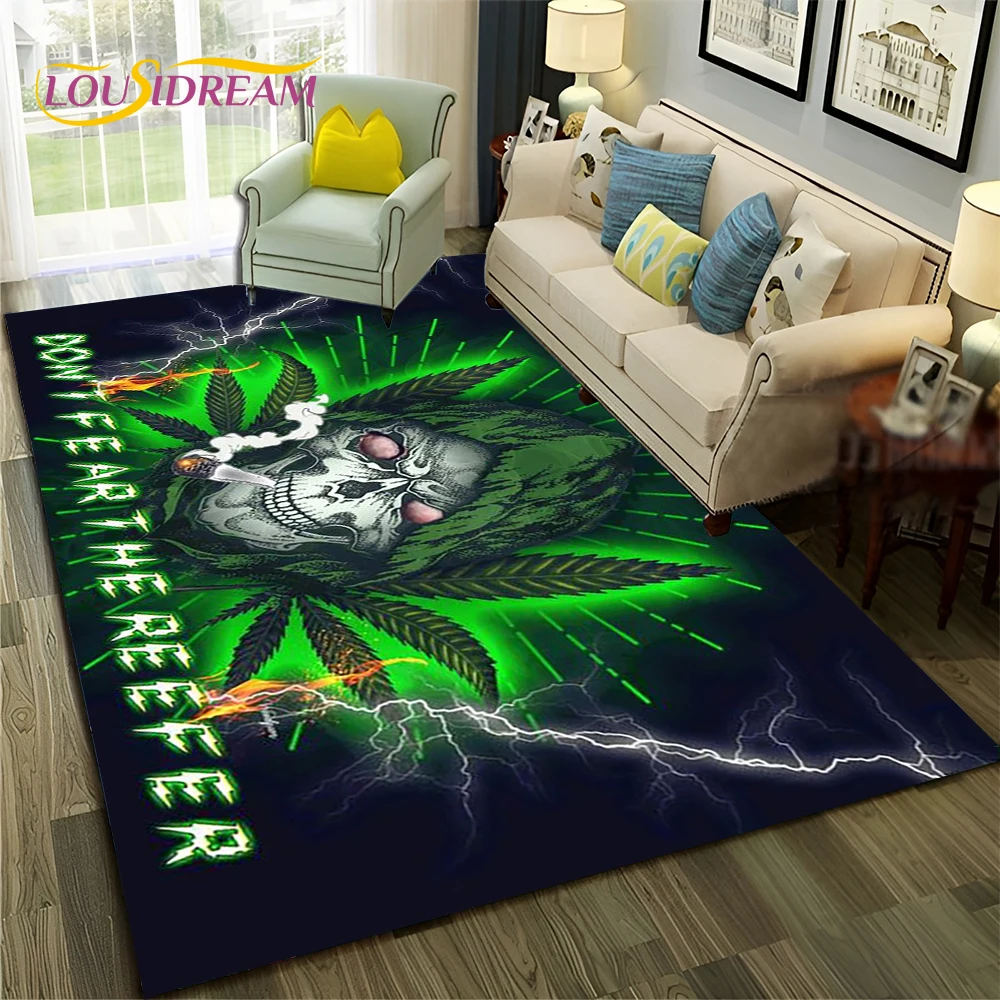 Maple Weed Plants Green Death Skull Smoke Carpet Rug for Home Living Room Bedroom Sofa Doormat Decor,Area Rug Non-slip Floor Mat