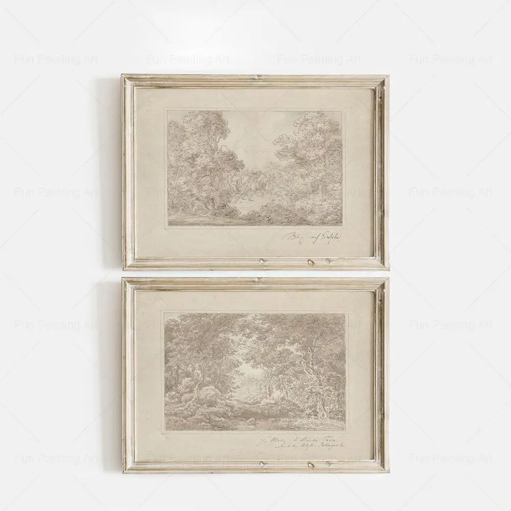 Vintage Neutral Landscape Sketch Poster Antique Forest Drawing Painting Beige Gallery Wall Art Canvas Print Living Room Decor