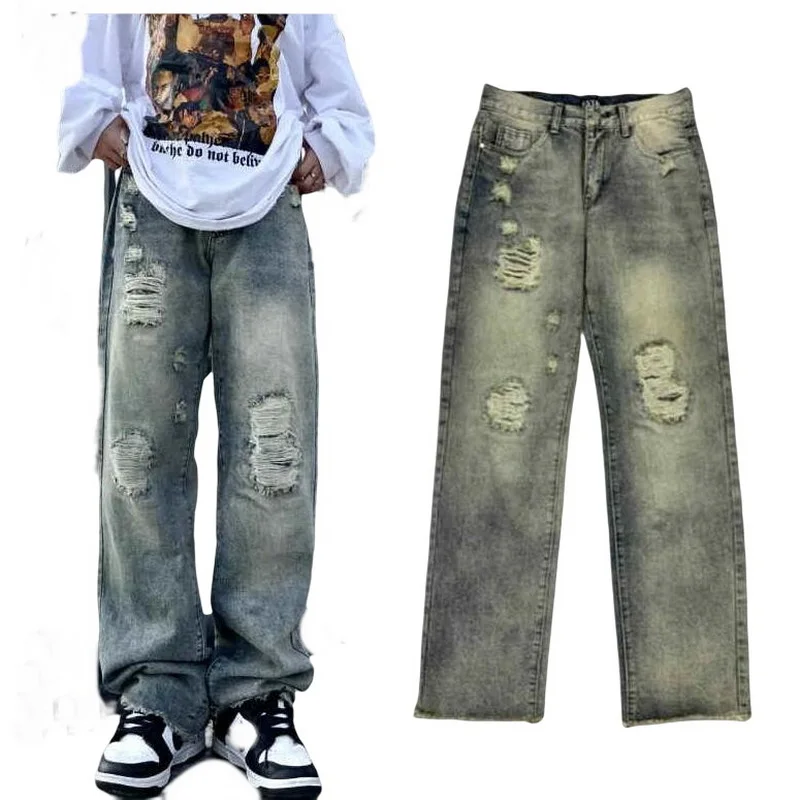 

Streetwear Ripped Jeans Men Straight Pants Fashion Mid Waist Loose Hole Baggy Jeans High Street Pants