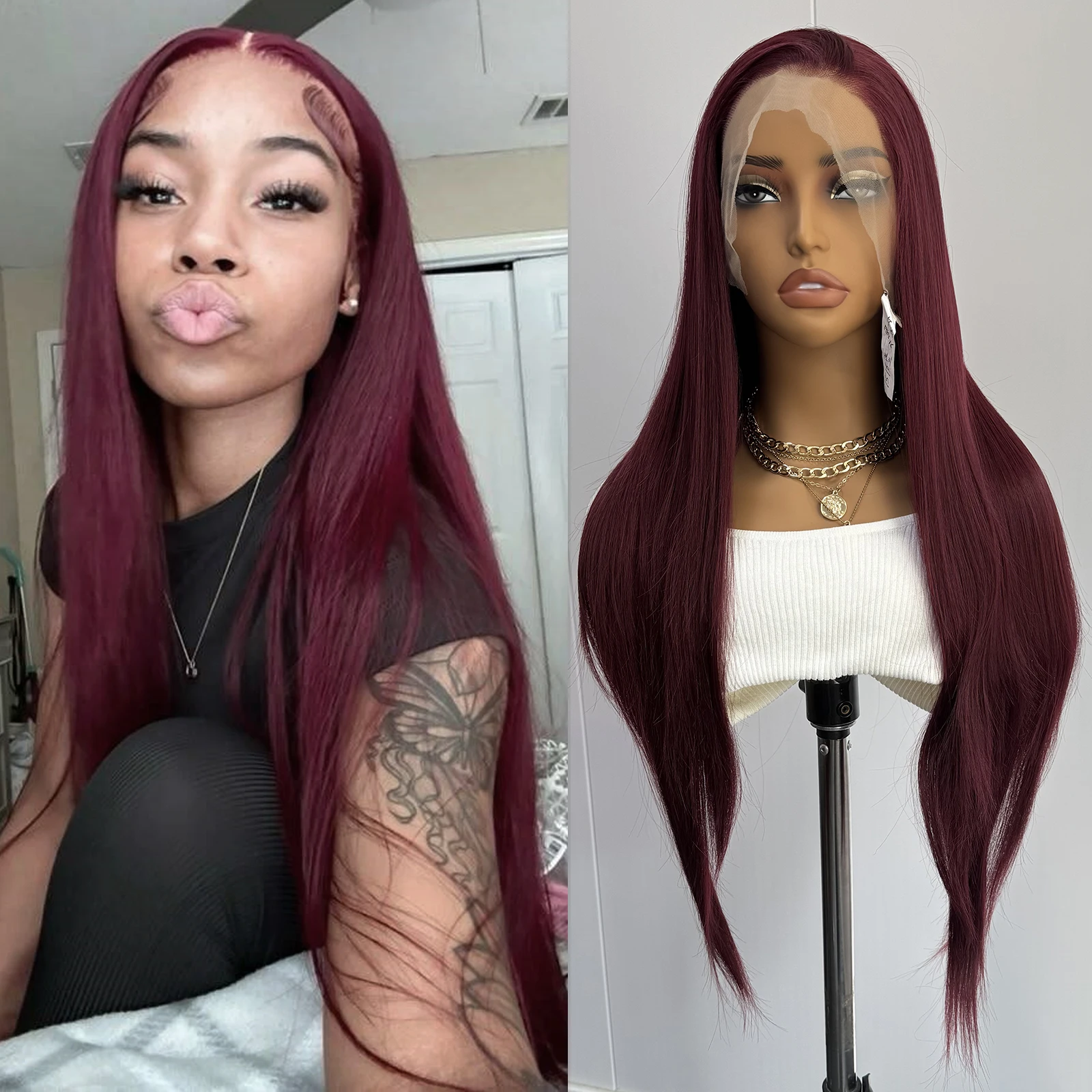 

AIMEYA бордовый парик фронта шнурка термостойкий синтетический длинный прямой парик для чернокожих женщин естественная линия волос повседневное использование косплей