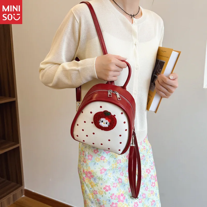 Miniso 2025 Apple Polka Dot Cat Backpack, Cute School Bag for Girls with Top Handle