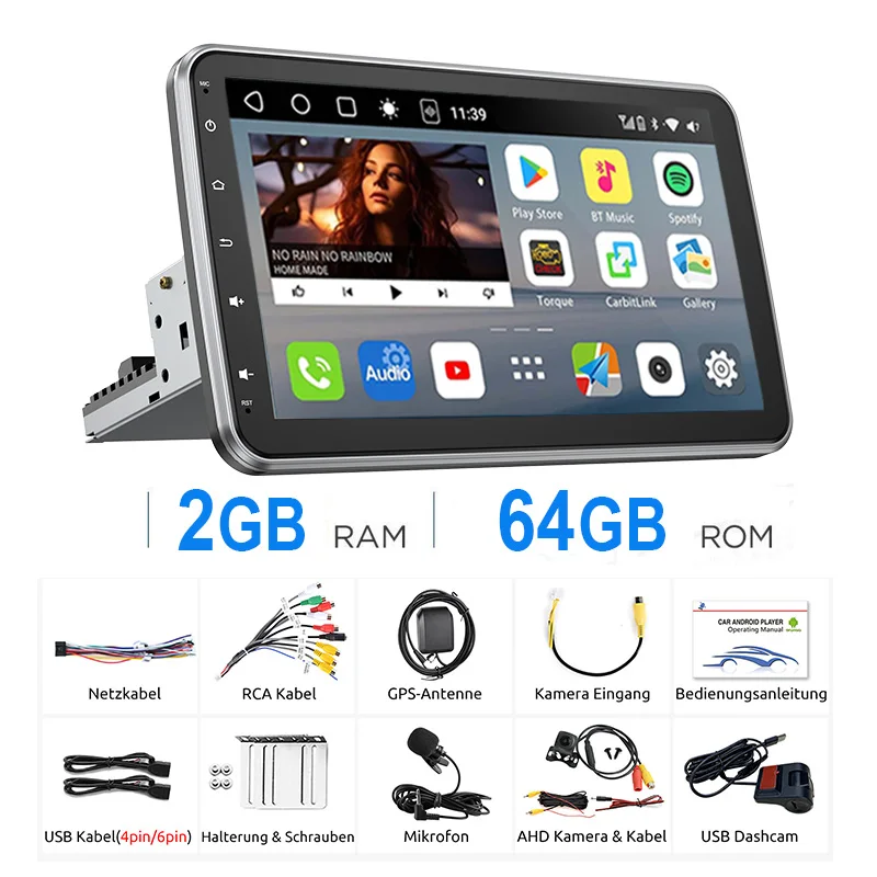 Universeel Autoradio ESSGOO Android14 10.1" 4+64 GB Draaibaar 360° Touchscreen 1 DIN Draadloze CarPlay Android Auto Bluetooth GPS Navigatie RDS WiFi Microfoon Equalizer FM Stuurwielbediening Mirror