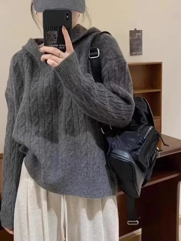 

Retro Sle ey Knitted Sweater with Hood for Women Spring Collection 2026 Soft Long Sve Casual Inner Wear Base irt