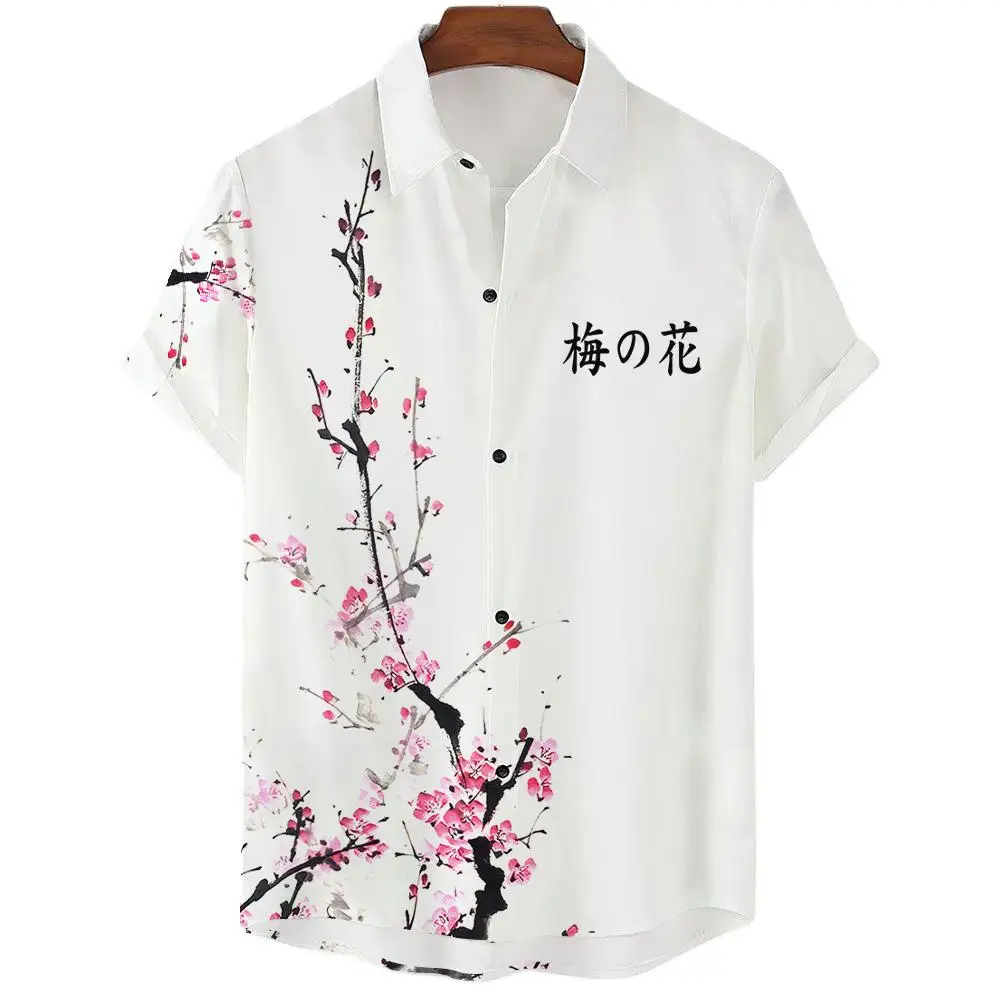 New Summer Shirt For Man Cherry Blossom Print Men\'s Top Everyday Casual Wear Oversized Short-sleeved Shirt Senior Men\'s Clothing