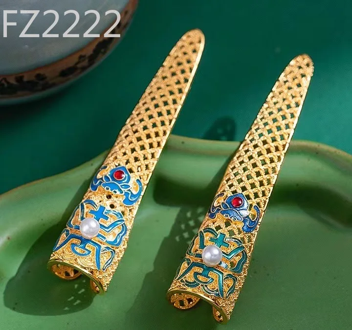 

gold-plated pure hand-woven copper coin pattern filament burnt blue bat Fushou imitation pearl finger cover armor