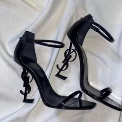 High quality one-line sandals women 2024 new European and American black patent leather sexy letter heels women