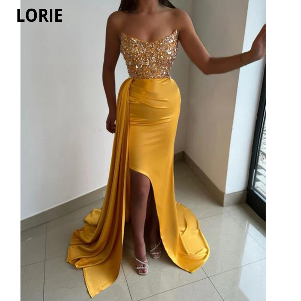 

LORIE Strapless Mermaid Saudi Arabia Prom Dresses Sexy Side Split Women Crystals Party Gowns Gold Evening Dress Robes De Soirée