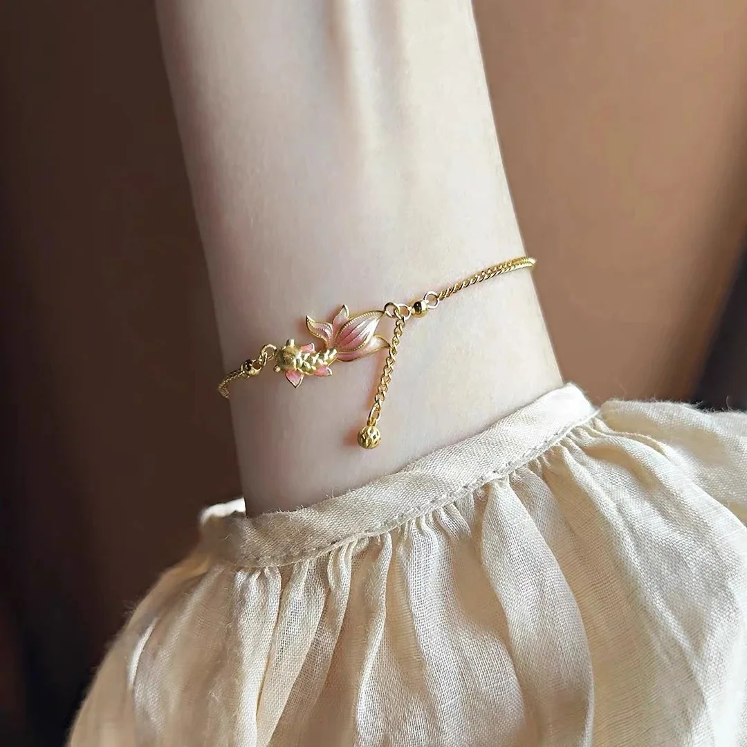 Chinese Style Good Luck Fortune Attracting Pink Enamel Koi Fish Bracelet Gold Plated Delicate Lotus Charm Adjustable Bracelet