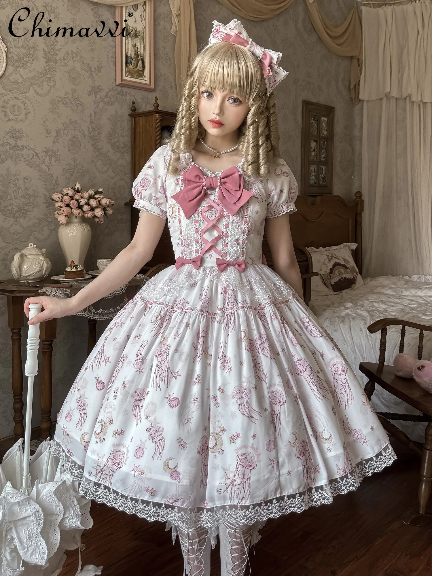

Japanese Sweet Girls Lolita Dress Cute Bow Jellyfish Print Short Sleeve Dress OP Princess Tea Party Jsk Long Dresses Women