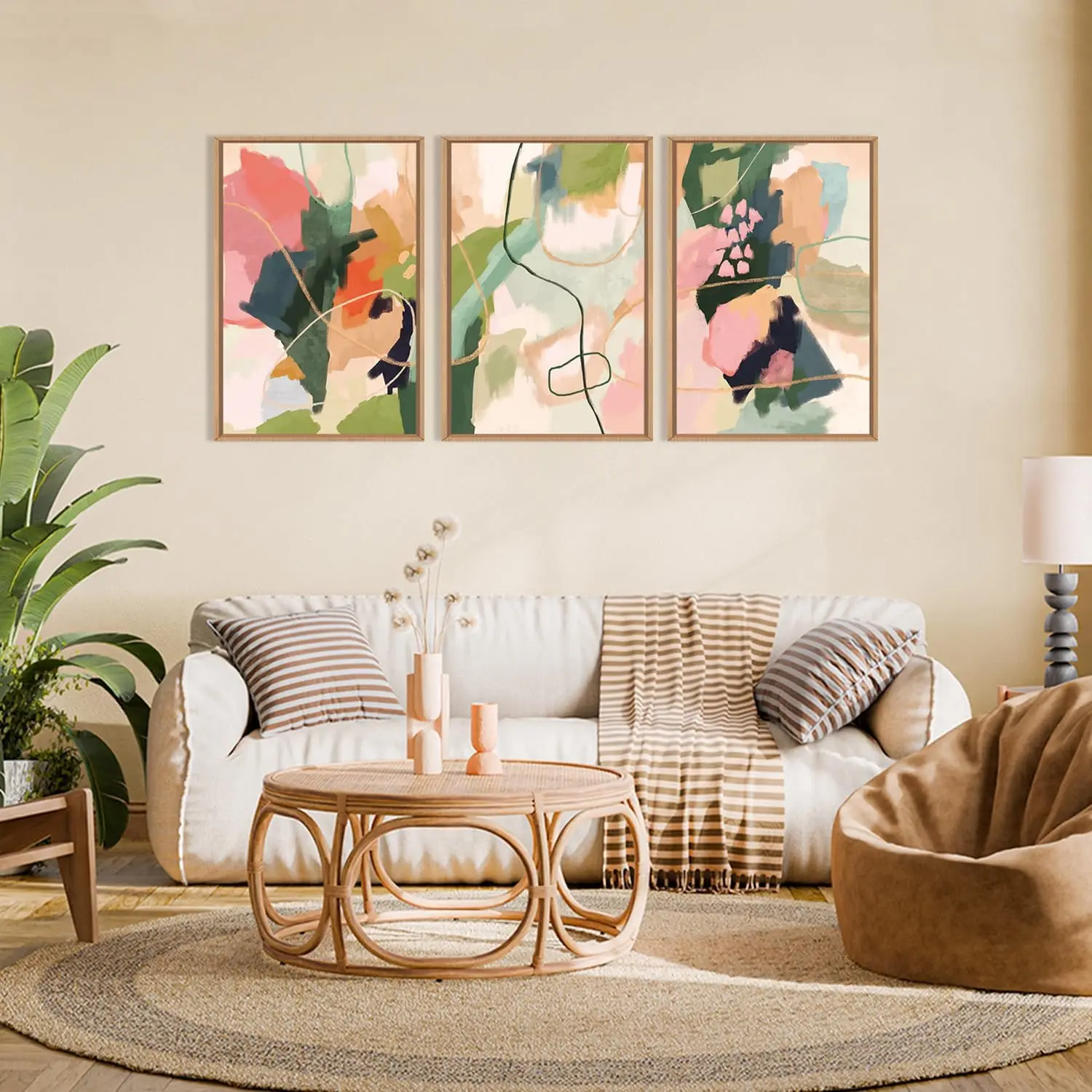 3pcs/set Colorful Abstract Canvas Wall Art, Modern Minimalist Line Wall Decoration, Bohemian Green and Pink Painting Living Room