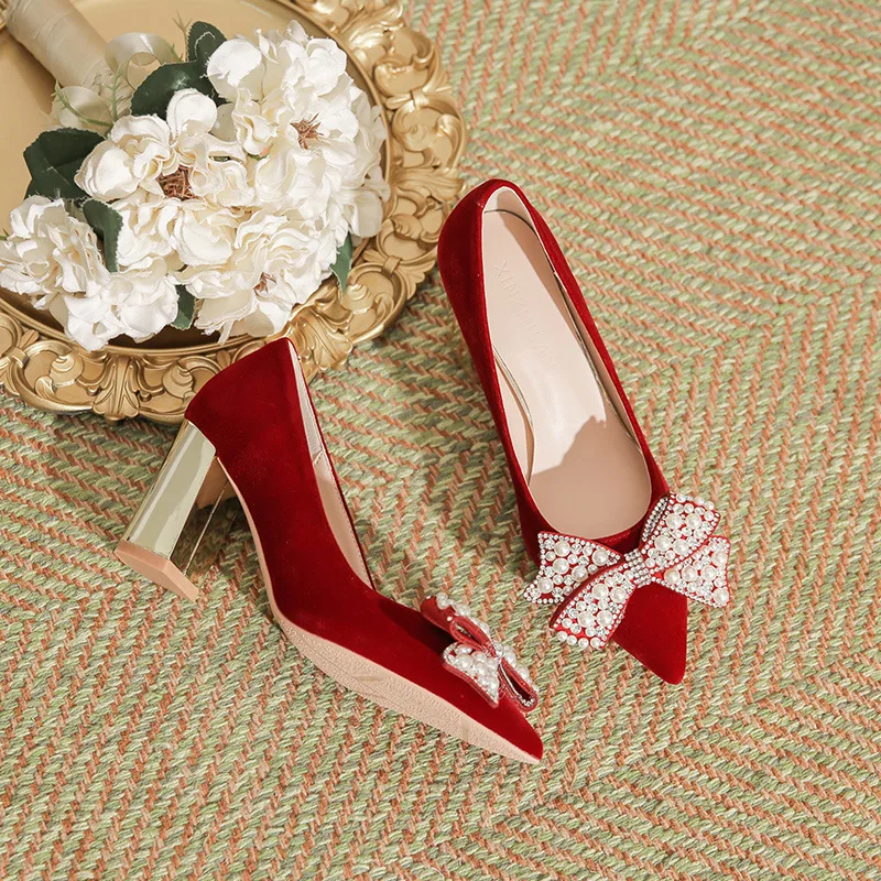 Size 30-44 Chunky Heel Pointed Toe Pearls Bow Suede Red Bride Bridesmaid Wedding Shoes High Heels