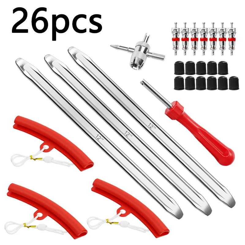 26/28Pcs Tire Repair Tool Set with Steel Tire Irons Pry Bars Levers and Valve Stem Tools for Motorcycle and Car Maintenance