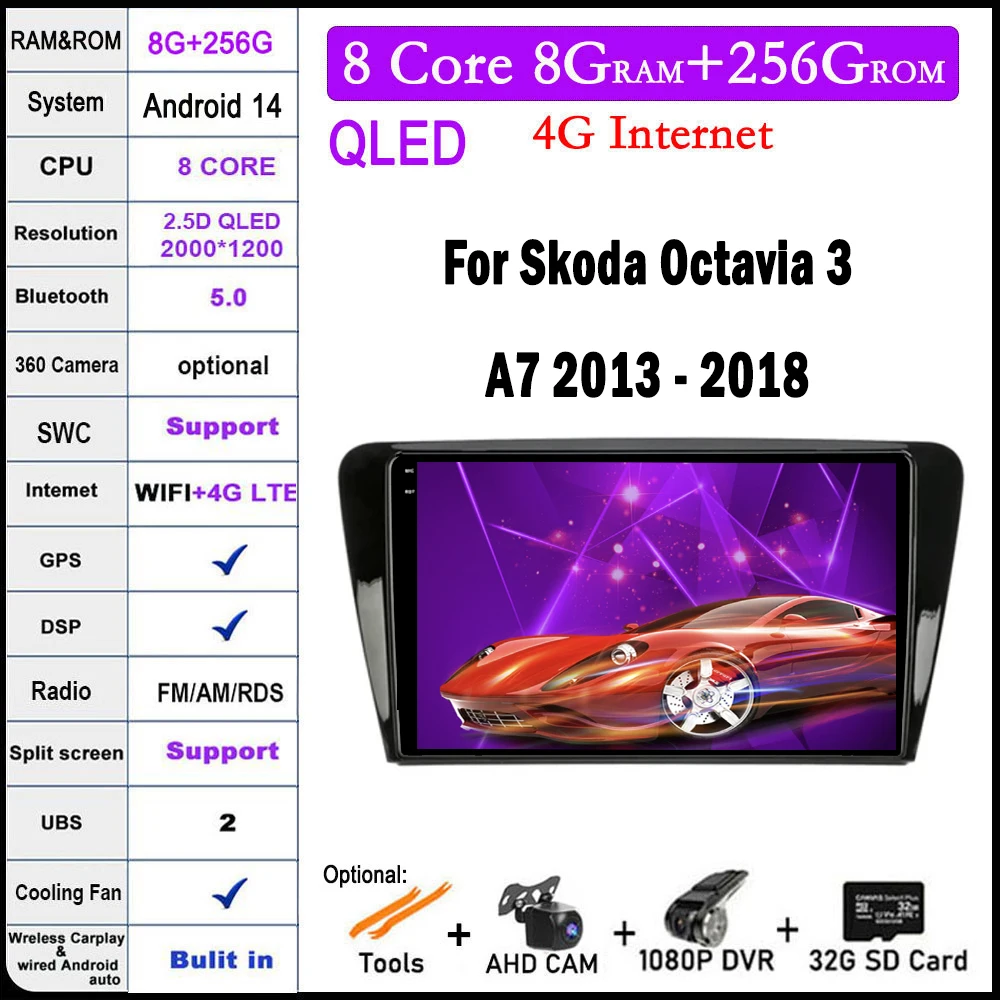 

10,1 дюймовый IPS QLED экран Android 14 для Skoda Octavia 3 A7 2013 - 2018 автомобильный радиоплеер GPS-навигация Мультимедиа видео Wifi BT