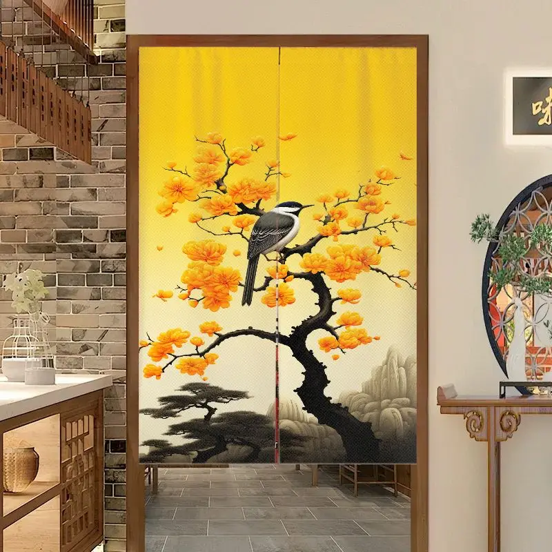 Chinese Ink Painting Flower Bird Japanese Door Curtain, Cherry Blossom Landscape Noren, Aesthetic Partition Curtain, Home Decor