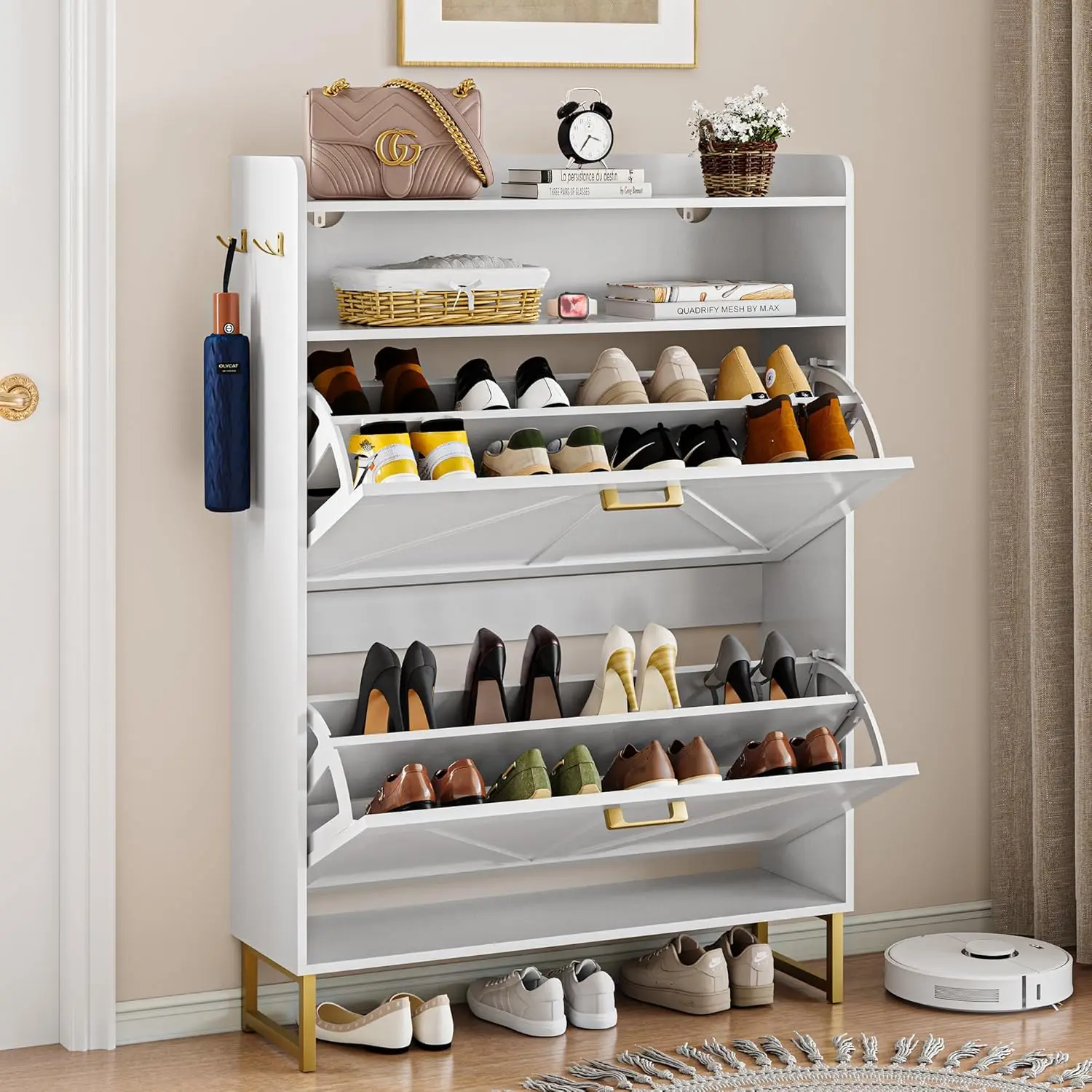 

Shoe Cabinet with 2Flip Drawers,Wooden Shoe Storage Cabinet with Metal Legs and Hooks,Freestanding Shoes Organizer Cabinet,White