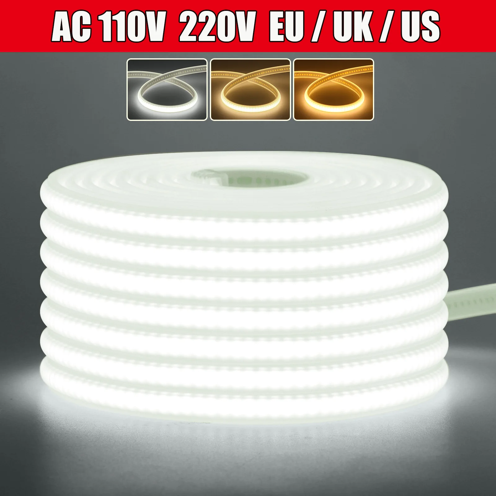 

AC110V 220V COB LED Strip EU UK US Warm/Natural WhiteRA90 Garden Home Decor High Bright Waterproof Flexible Tape Neon Light